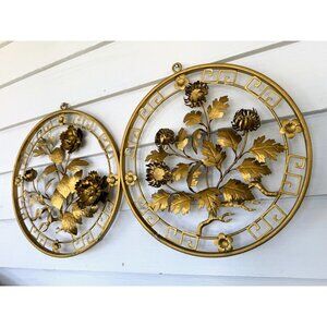 Vintage MCM Gold Metal Asian Flower Round Wall Plaques